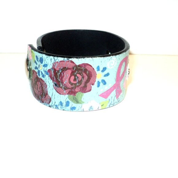 Breast Cancer Bracelet Hand-Made Hand-Painted Leather Snapped Closure Strength - Picture 3 of 5